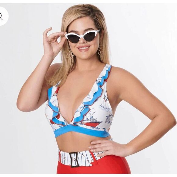 Unique Vintage Nautical Ruffle Swim Top | 1X | White Blue Print | Adjustable Str - Picture 1 of 6